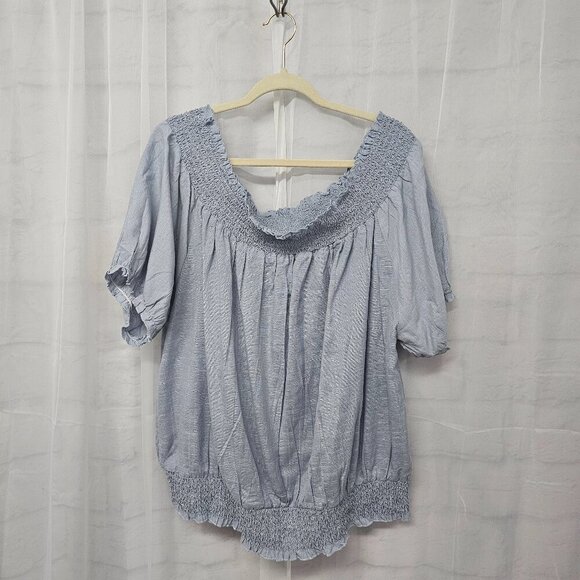 NWT Ashley Stewart Slate Blue Peasant Blouse Smocked Coquette Prairie Boho 22/24 - Picture 1 of 9